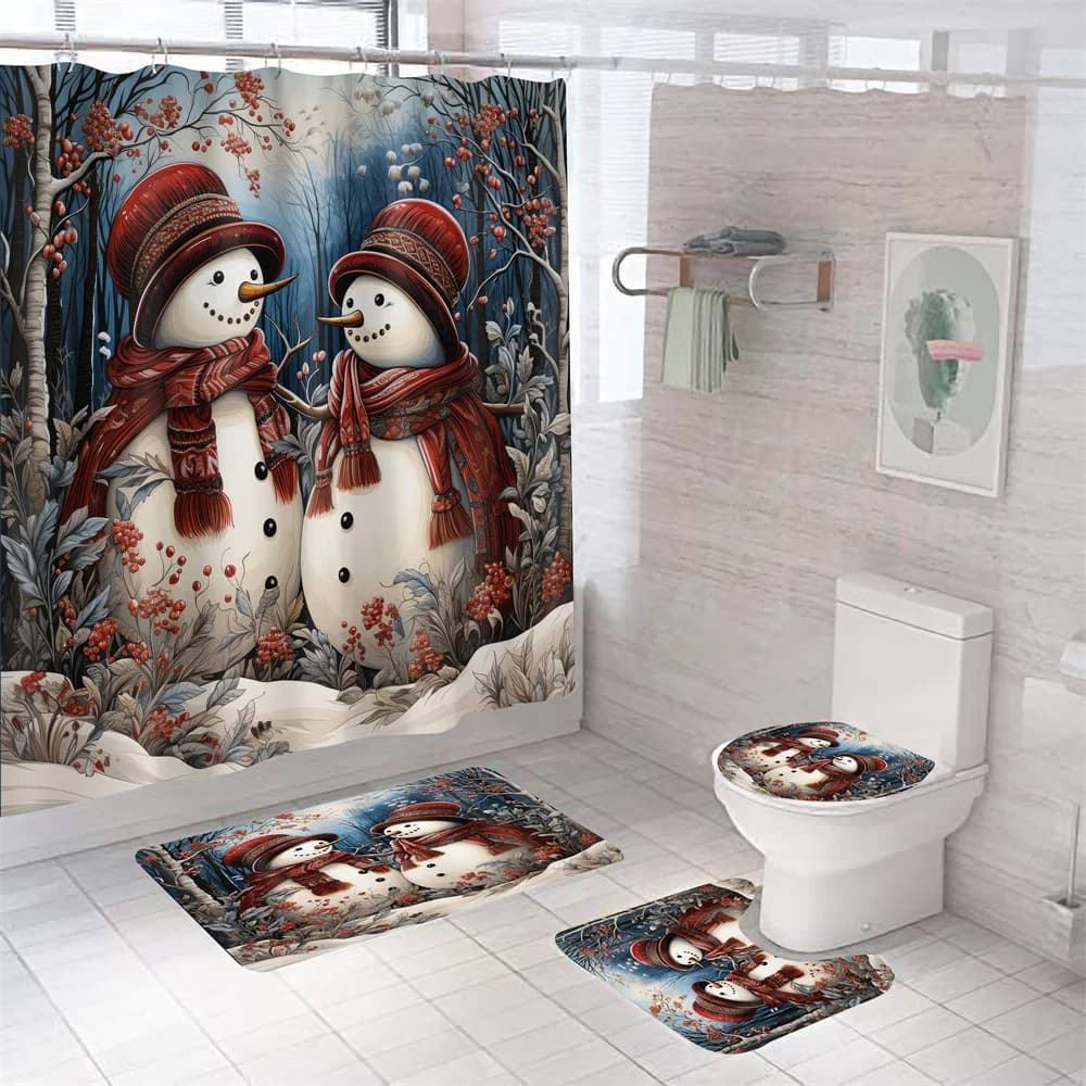 Set di tende da doccia per bagno in poliestere natalizio, regali di Natale, pupazzo di neve di Babbo Natale, felice anno nuovo, arredamento