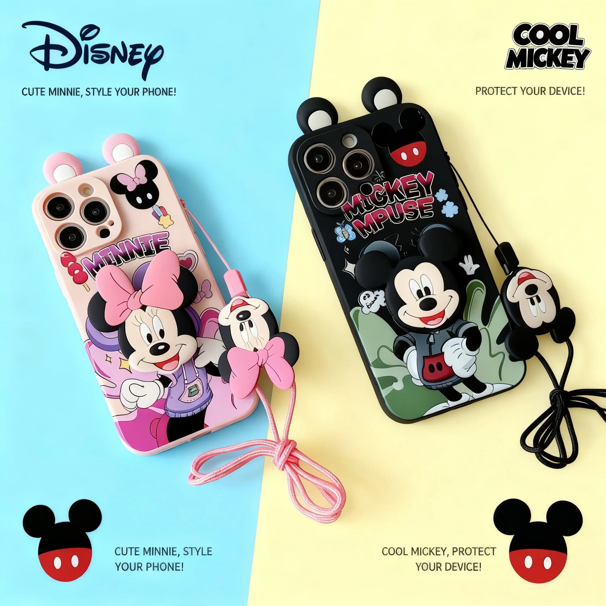 Custodia per telefono con orecchie 3D di Topolino e Minnie per iPhone 16 17 PRO MAX 15, simpatica custodia a cartone animato universale compatibile con tutti i modelli