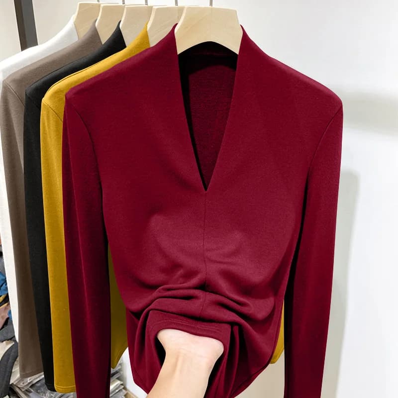 Intimo termico da donna Inverno Addensare Dolcevita Camicia inferiore De Velluto Autunno Top caldi Pullover a maniche lunghe con colletto a V