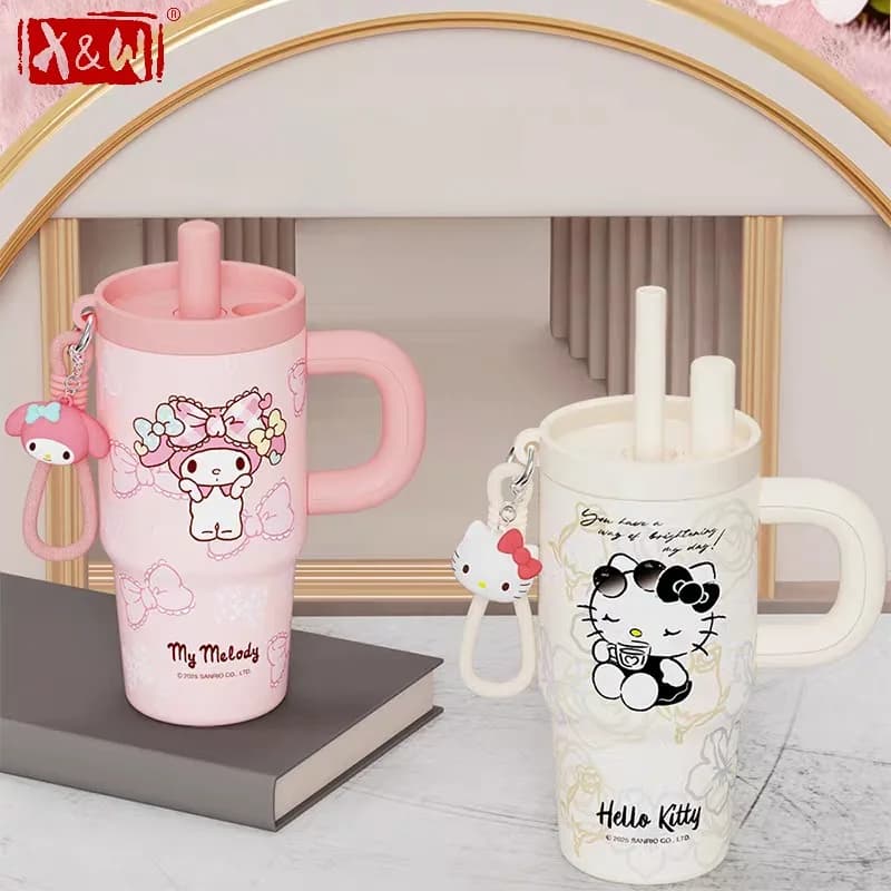 X&W Sanrio Hello Kitty Kuromi Thermal Cup 650ml Ice Tumbler with Straw Insulated Mug Portable Vacuum Flask Travel Car Cups Gift