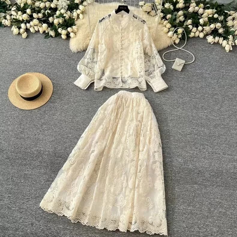 Elegante abito lungo da donna in 2 pezzi con gonna set estate autunno ricamo floreale camicia di pizzo scavata una linea gonna midi abiti da festa