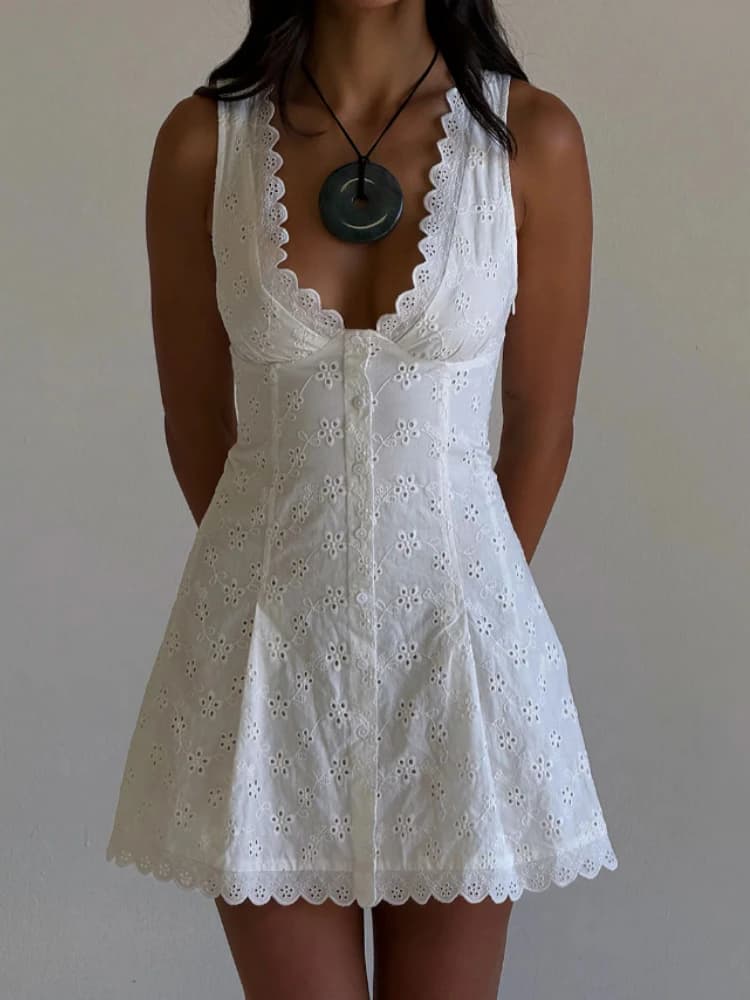 Mini abito stile francese scava fuori donna estate bianco 100% cotone scollo a V sexy festa vocazione abito casual da donna abiti nuovo