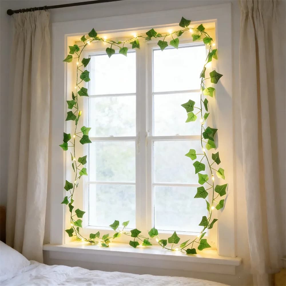 1 pz. Stringa di luci LED verdi a forma di foglie di rattan, a batteria, perfetta per decorazioni di Capodanno, feste all'aperto, matrimoni e camere da letto.