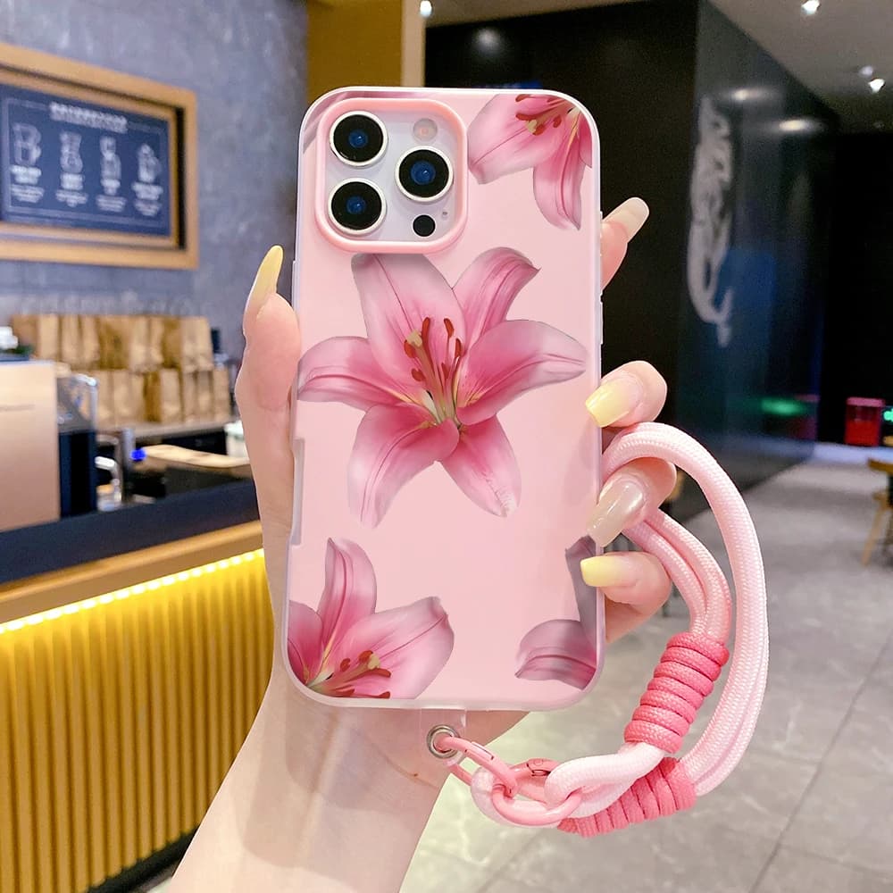 Pink Lily Flower Wrist Strap TPU Phone Case For iPhone 17 11 13 12 14 15 16 Pro Max XS XR 7 8 Plus 17 Air With Lanyard INS Cover