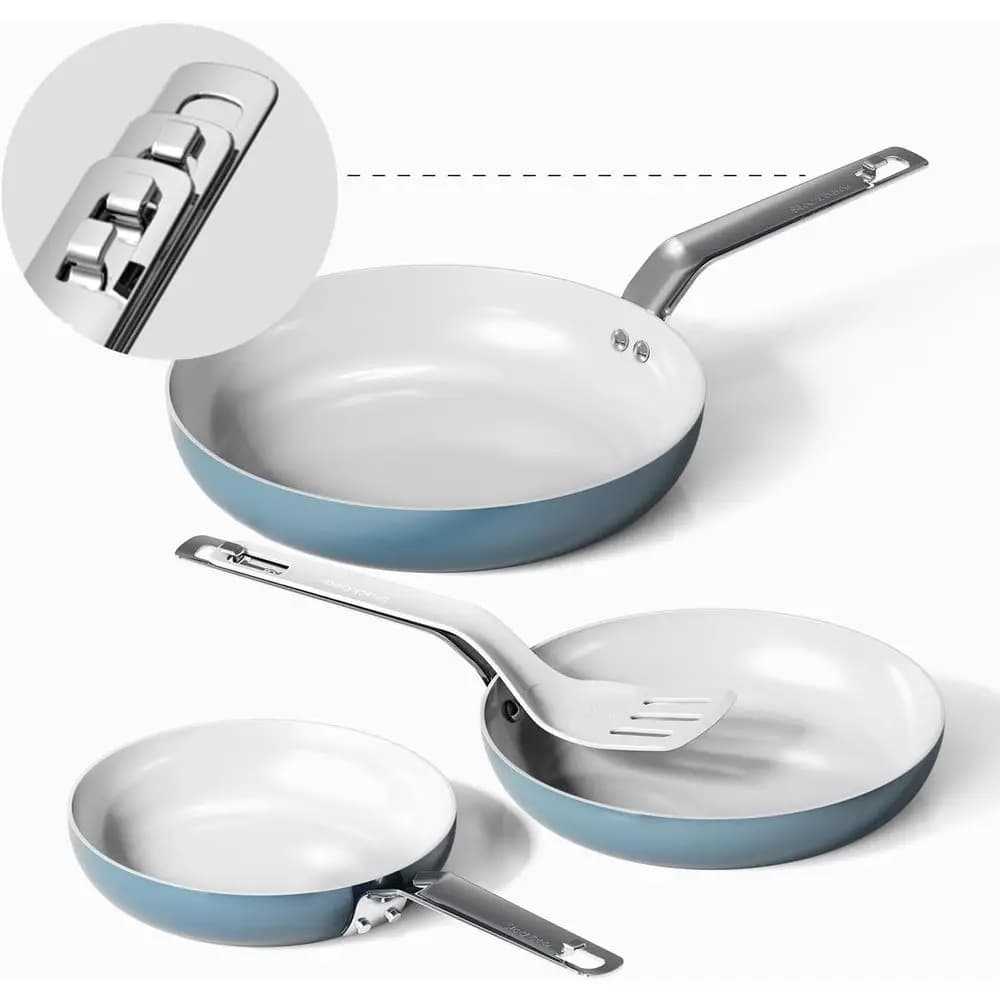 Set of stackable non-stick pans - 3 Pieces (8/9.5/11) with Brush, Non-Toxic Pots, Without PFOA, For All Cooking Plans, Oven
