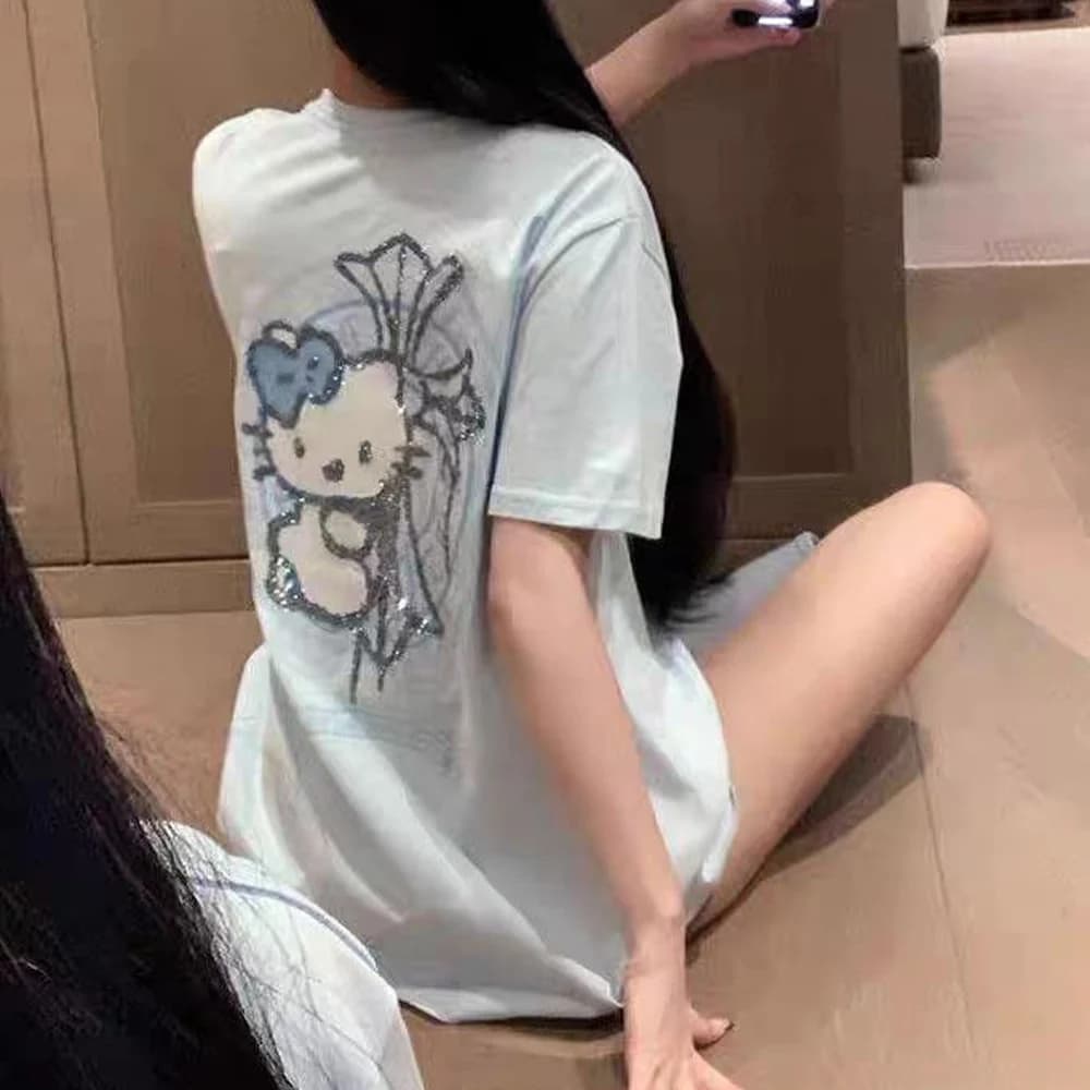 Fashion Women Oversized Hello Kitty Tees, Sparkly Rhinestone Circular Cartoon Print, Breathable Short Sleeve Streetwear Shirts