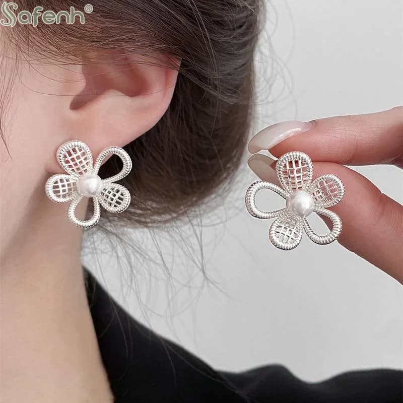 Silver Mesh Flower Stud Earrings With Faux Pearl Center Elegant Hollow Floral Earrings For Women