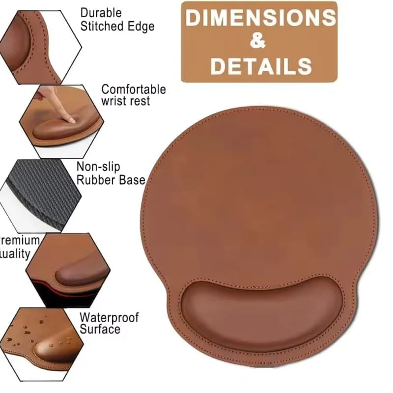 Tappetino Ergonomico Marrone per Mouse con Poggiapolsi in Ecopelle Antiscivolo per Ufficio, Gaming, Computer, Sollievo dal Dolore, Ottimo Regalo per Adulti
