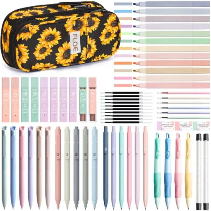 65PCS Aesthetic School Supplies with Cute Pencil Case, Pastel Highlighters Gel Pens Mechanical Pencils Set 0.5 0.7 and 2.0mm, O
