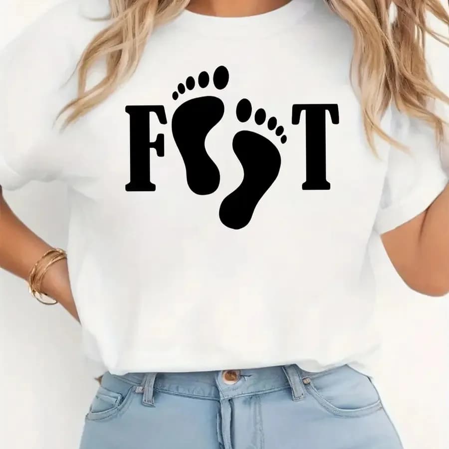T-shirt casual da donna Funny Footprint FT con stampa grafica, maniche corte, girocollo, per primavera-estate, per tutti i giorni e per le uscite.
