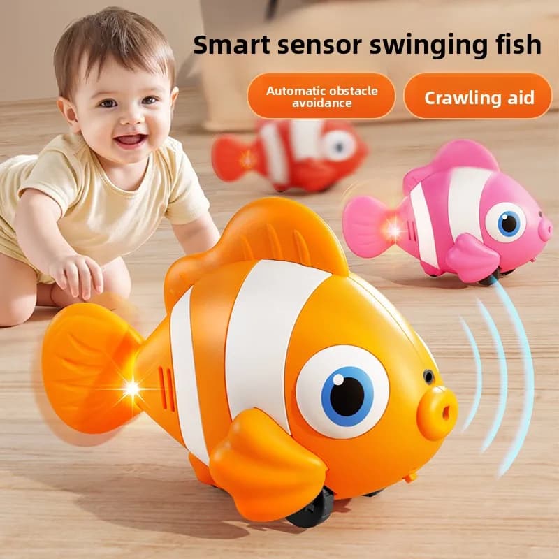 Giocattolo Elettrico a Forma di Pesce con Evitamento Automatico degli Ostacoli, Luci e Musica per Neonati, Giocattoli Sensoriali per Incoraggiare il Gattonamento