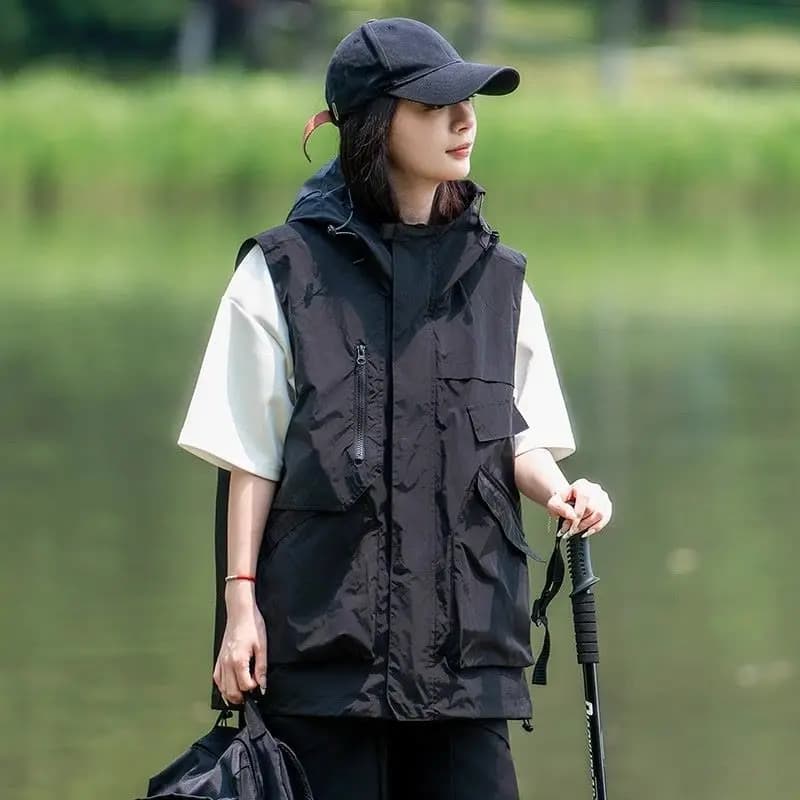 Gilet multiuso con cappuccio impermeabile per tutte le stagioni da donna - Giacca senza maniche da escursionismo traspirante con tasche oversize per esterno