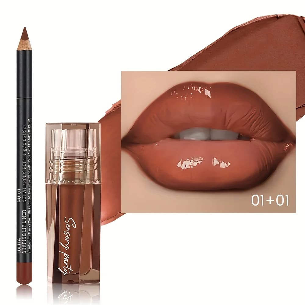Moisturizing lip gloss kit + lip pencil, 3D precision lip contour, fat appearance, high gloss, wear resistant to deburring