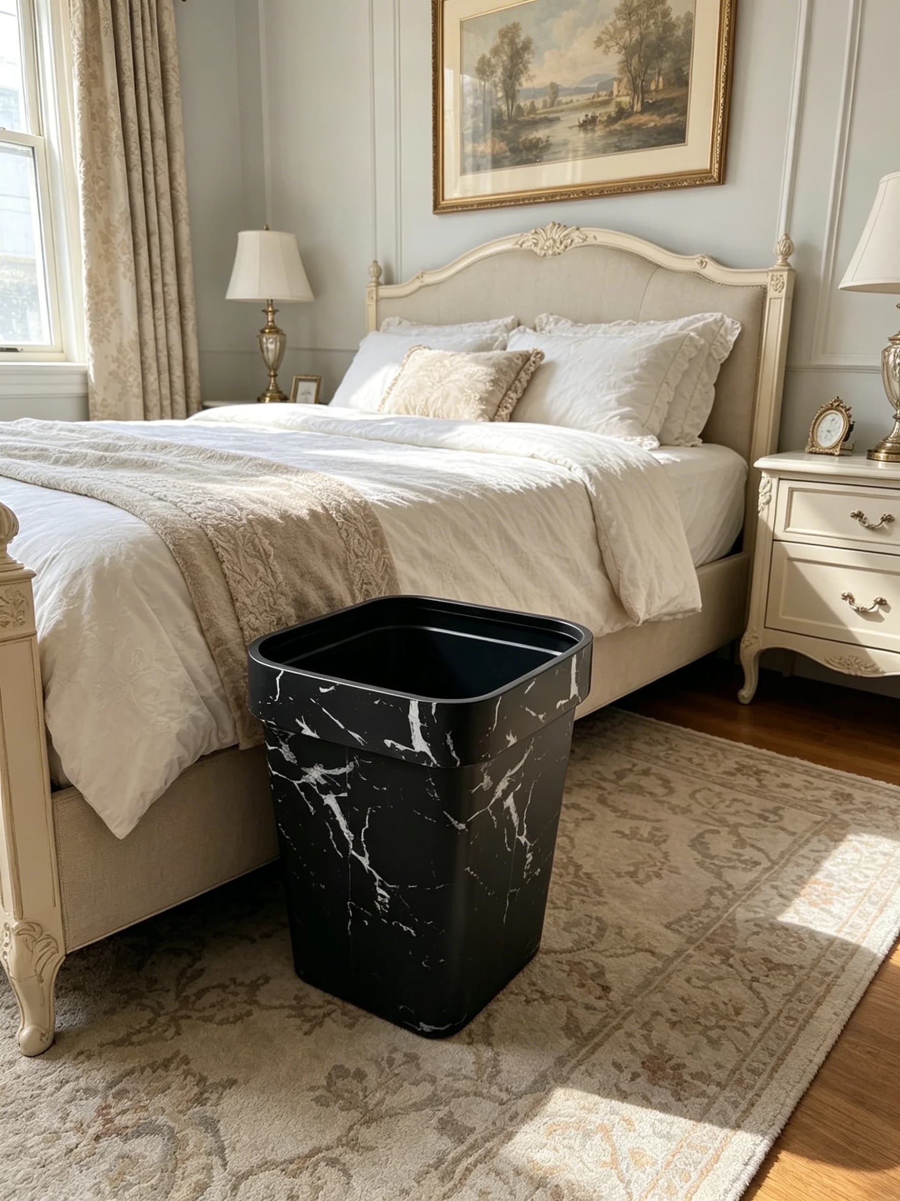 Cestino per Rifiuti in Marmo Bianco e Nero, Elegante Bidone Rettangolare, Contenitore Decorativo per Bagno, Camera da Letto, Cucina