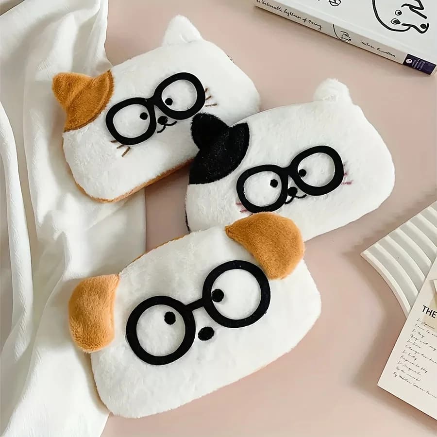 Super cute cartoon animal pencil case and document storage bag, with glasses decoration, plush feel, 3 styles of glasses, cat, and dog pencil cases and storage bags, can be used as pencil cases and document storage bags