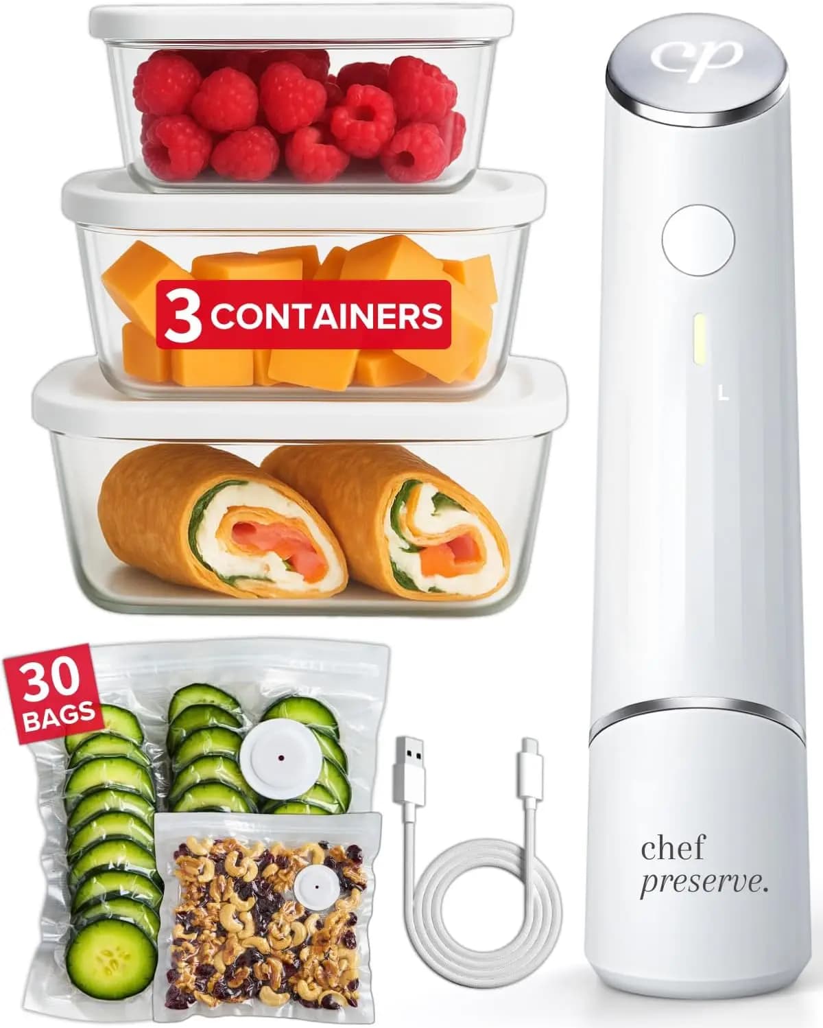 Macchina per Sottovuoto con 3 Contenitori in Vetro e 30 Sacchetti, Sigillatrice Portatile per Alimenti per Preparazione Pasti