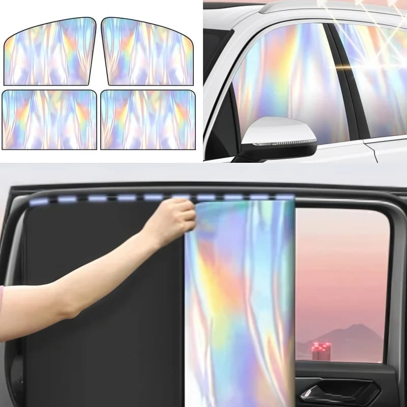 Full Set Magnetic Car Sunshade Curtains 4 Pieces Driver Passenger Rear Seats Laser Engraved Colorful Titanium Silver Reflective