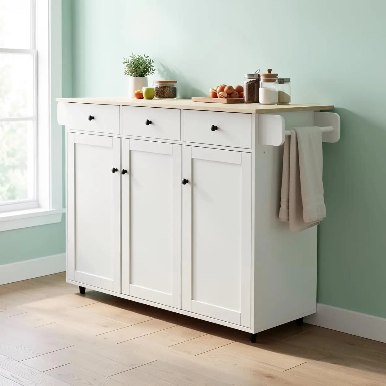 Kitchen Island Cart, Drop Leaf, 3 Drawers & 4-Door Cabinet, Mobile Storage, Locking Wheels, Towel Bar, 45.3", White, Customized