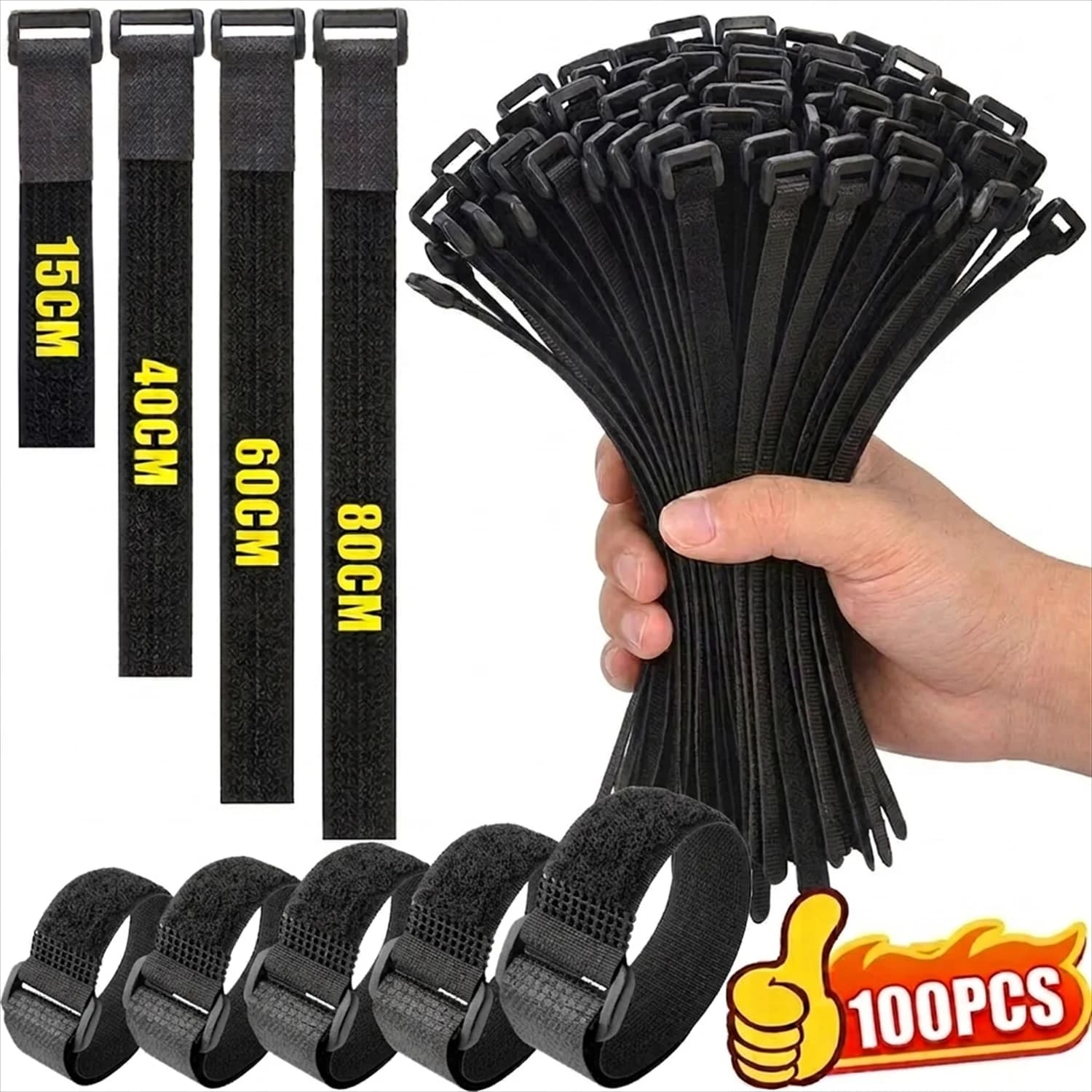10-100PCS Magic Tape Black Nylon Zip Ties Reusable Self-adhesive Hook and Loop Cinch Straps Adjustable Fastener Cable Straps