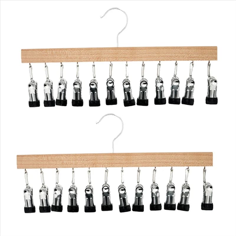 Appendiabiti in legno per pantaloni, grucce per pantaloni in legno con 12 clip antiscivolo, set di 2 organizer per legging per armadio-ABQU