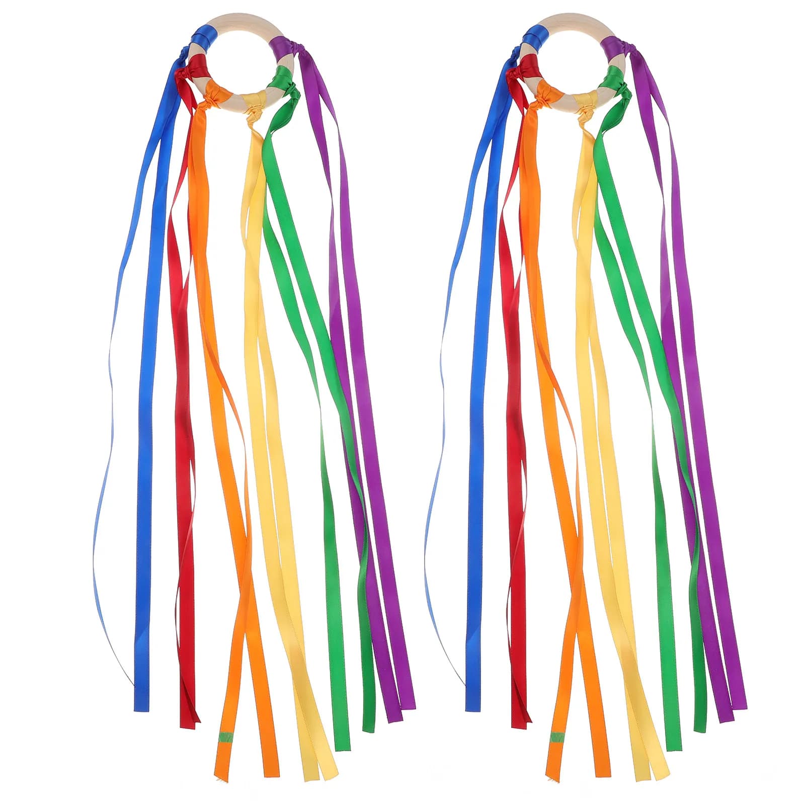 2 Pezzi Anello Massaggiagengive in Legno con Nastri Arcobaleno per Neonati e Lattanti, Allenamento Sensoriale, Coordinazione Mascella-Labbra-Lingua