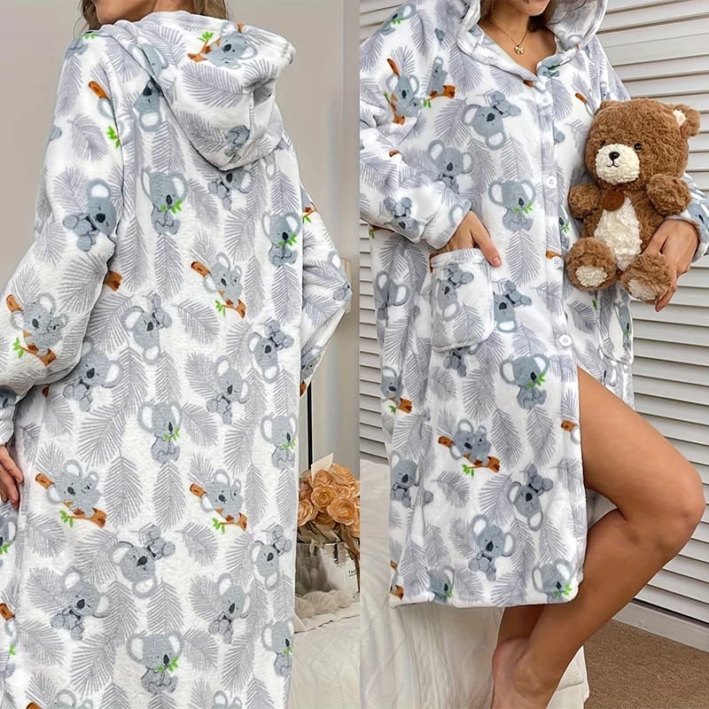 Cute Pigro Night Shirt of Flannel Women's Kimono Bathrobe Monopetto With Night Cappuccio By Night Printing of the Night Dresses