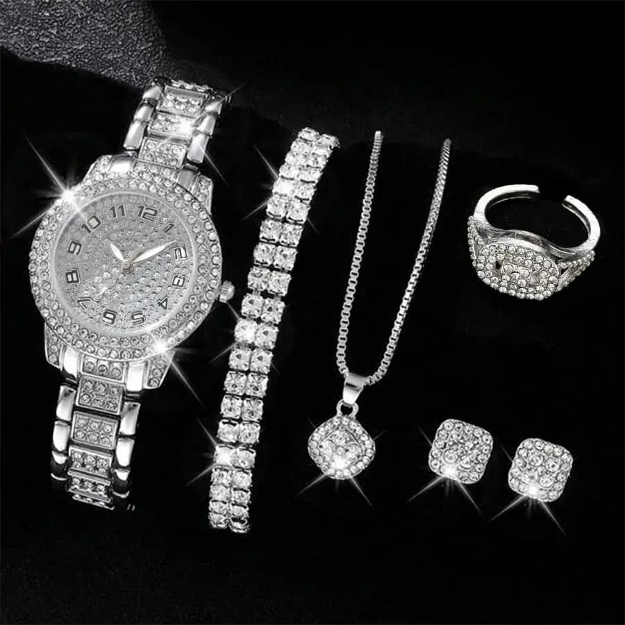 Set di 6 Orologi da Donna di Lusso, Eleganti Orologi in Lega con Cristalli, Regalo per Signore, Orologio al Quarzo con Bracciale in Lega e Strass