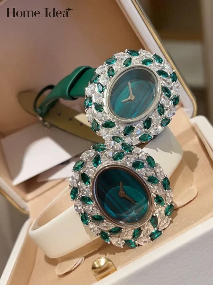 New Designer Women Shiny Diamonds Oval Shape Quartz Watch Pin Buckle Genuine Leather Strap Elegant Lady Party Jewelry Accessory