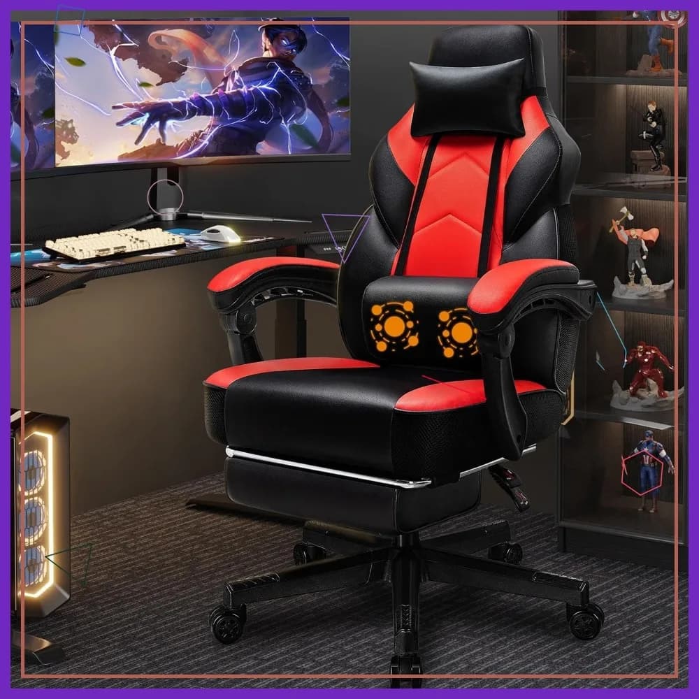 Sedia da Gaming Ergonomica con Poggiapiedi, Supporto Lombare Massaggiante, Regolazione Altezza e Rotazione a 360° ° Girevole