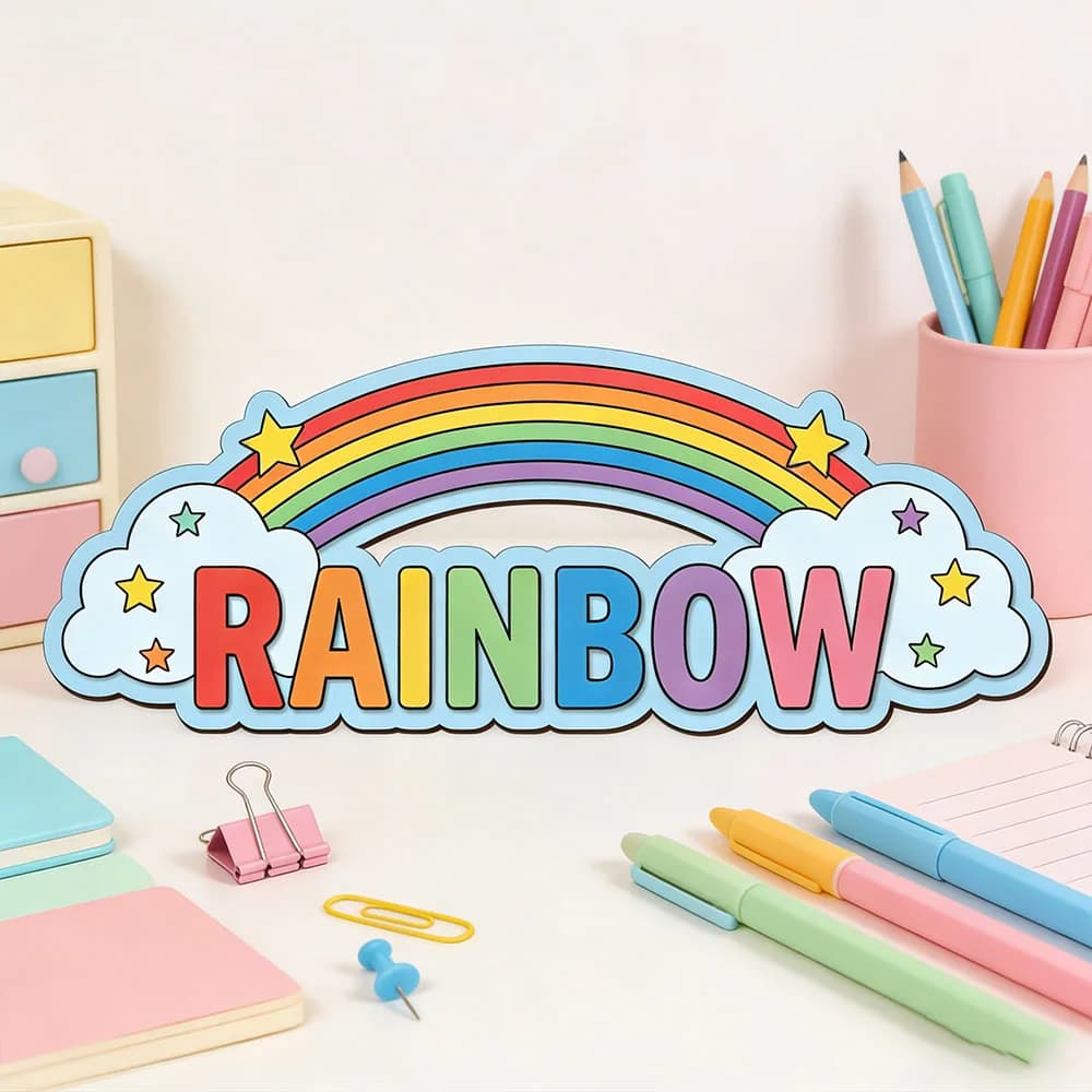 Targa Personalizzata per Porta con Nuvole Arcobaleno e Stelle per Cameretta Bambini, Placca in Legno a Tema Pastello per Asilo Nido