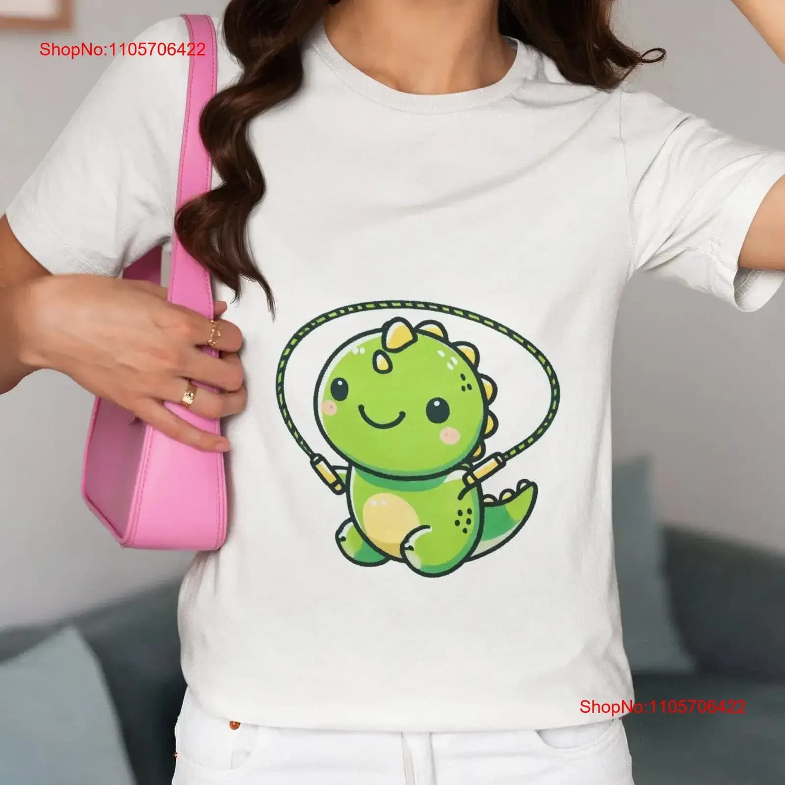 Dinosaur Jump Rope T Shirt Fun Dino with Yellow Spikes Cute Cartoon Design Casual Wear Perfect Top for Lovers vintage Washed