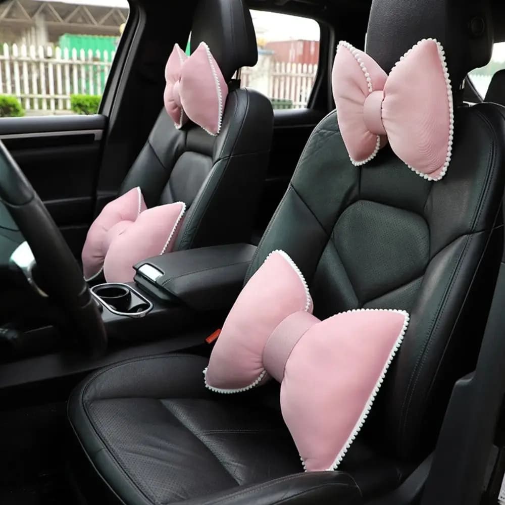 Cuscino Poggiatesta Auto Rosa alla Moda, Ergonomico e Fresco, Cuscino Lombare con Grazioso Fiocco, Traspirante in Seta Ghiaccio, Estivo