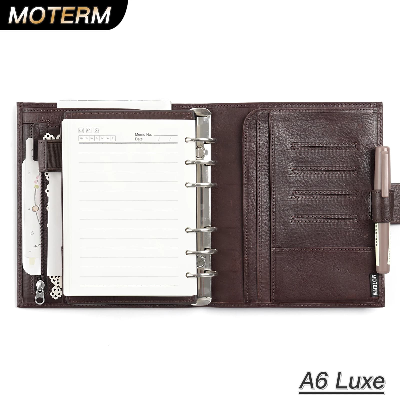 Moterm A6 Size Luxe Rings Planner Full Grain Vegetable Tanned Leather Notebook with 30 MM Rings Binder Diary Agenda Organizer