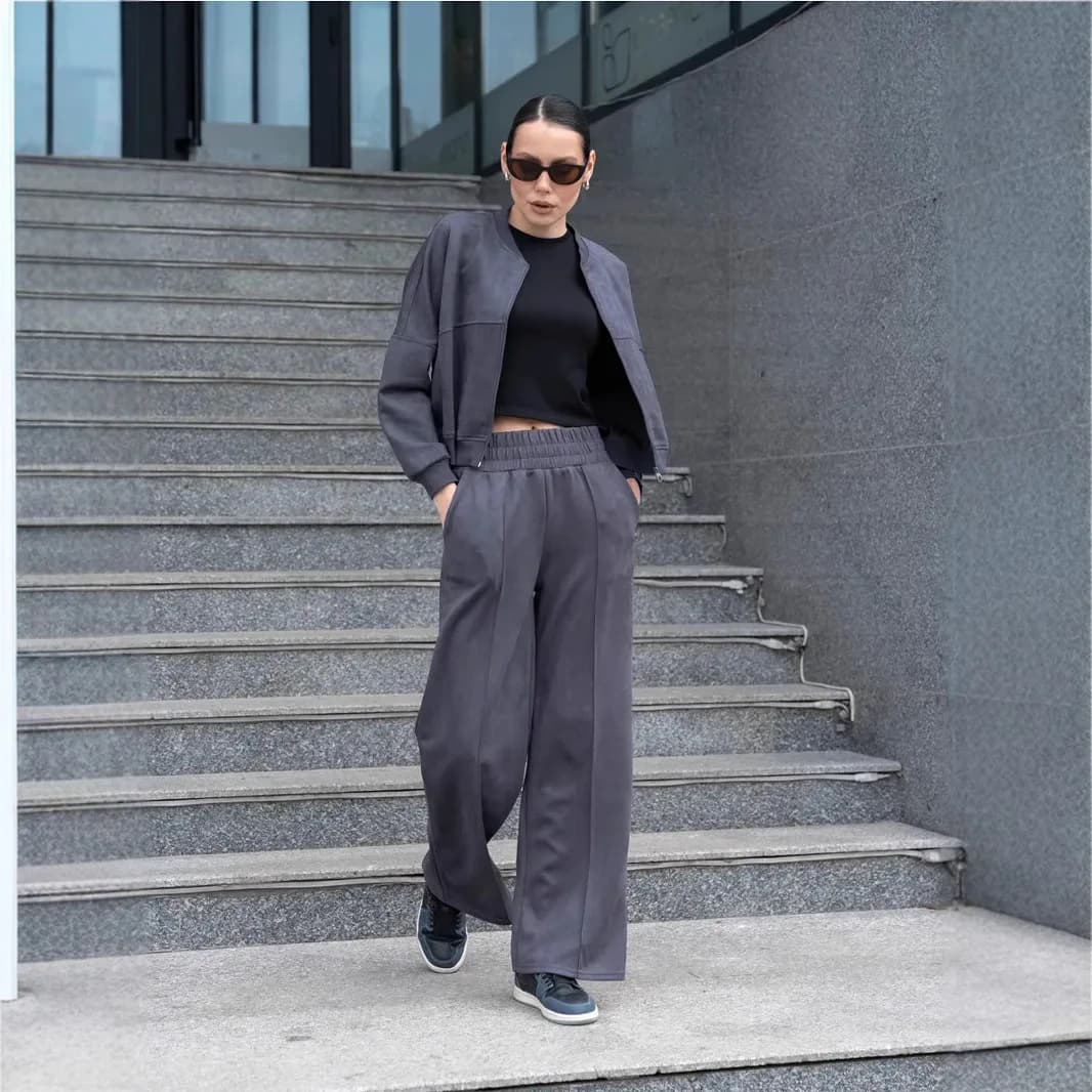 American Retro Sportswear Zipper Open Cardigan Straight Leg Pants Two Piece Set for Women Fashionable Autumn Winter Outfit