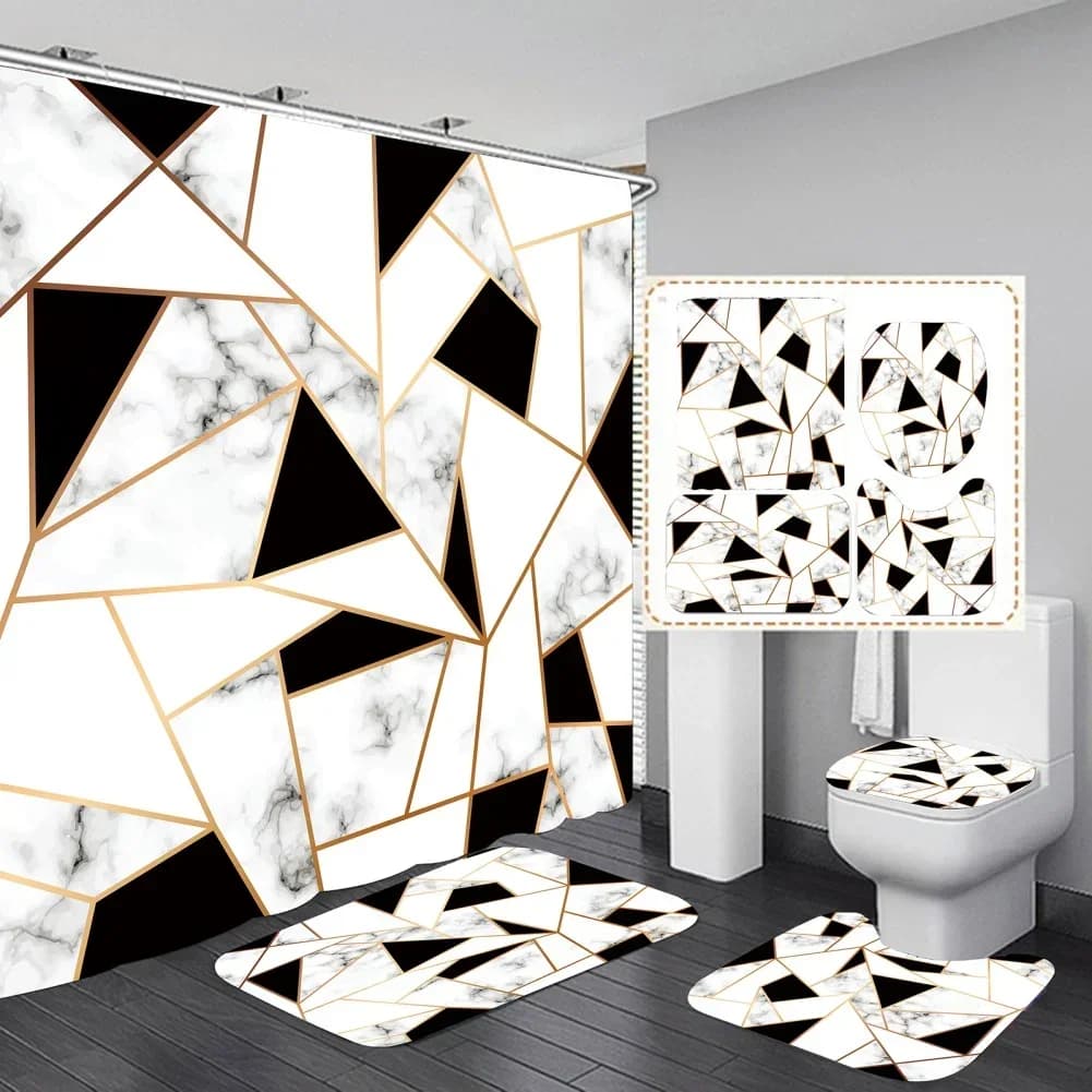 Set di tende da doccia in marmo crepitato dorato geometrico Set da bagno lavabile Tappetino antiscivolo Tappeti Coprisedile per WC Decorazioni per la casa moderne