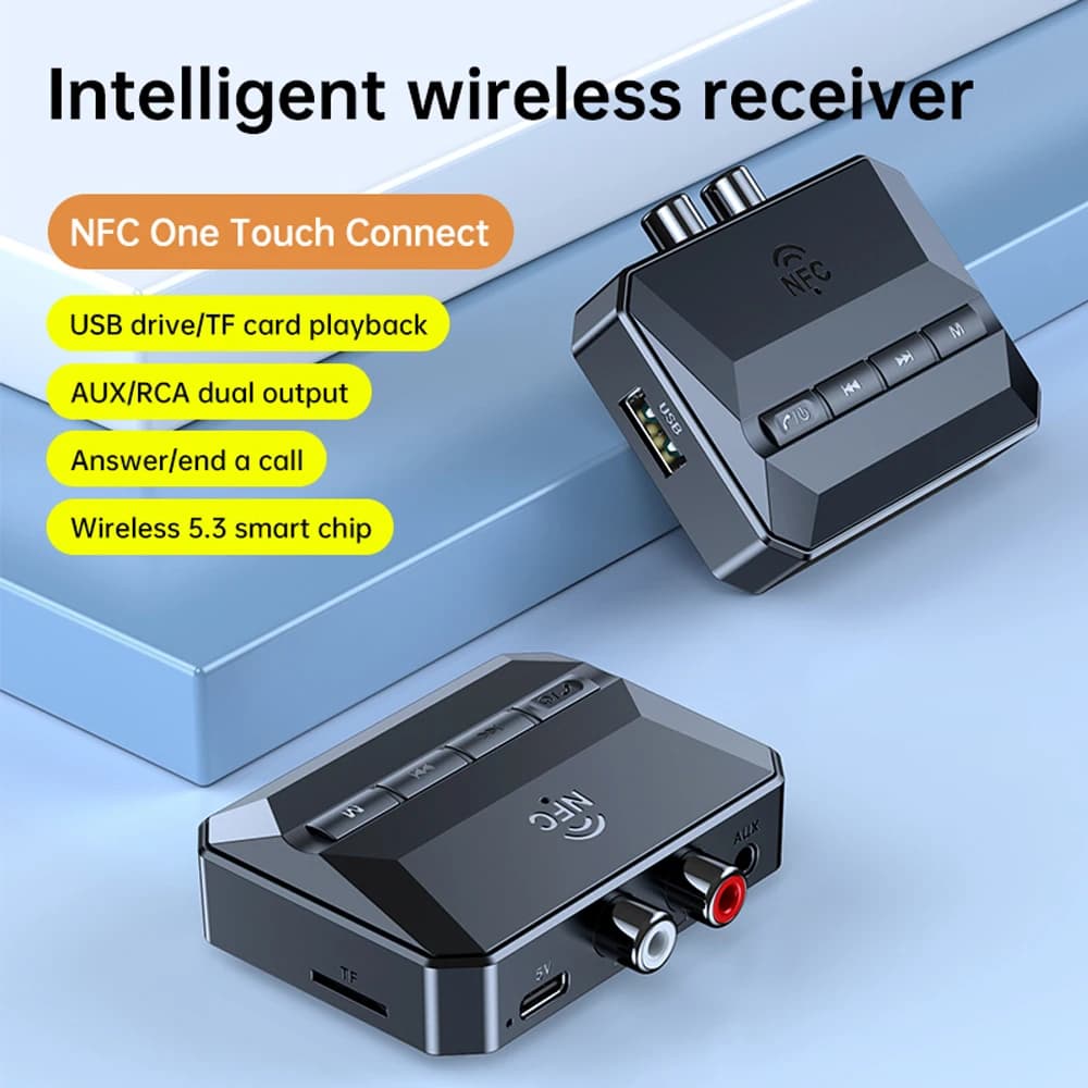 Ricevitore Audio Bluetooth 5.3 Wireless con NFC, Adattatore Audio per U Disk e Scheda TF, Ricevitore Musicale Stereo con Jack AUX 3.5mm e RCA per TV e Auto