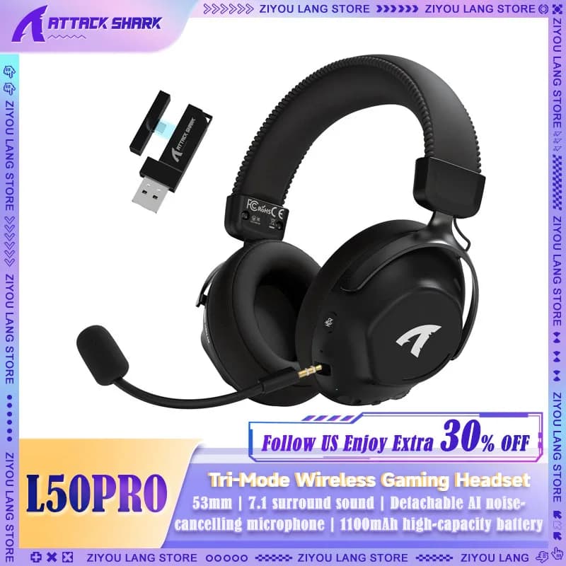 ATTACK SHARK L50PRO Wireless Gaming Headset, 53mm Driver, 7.1 Surround Sound, 20ms Low Latency, 1100mAh Battery, Detachable Mic