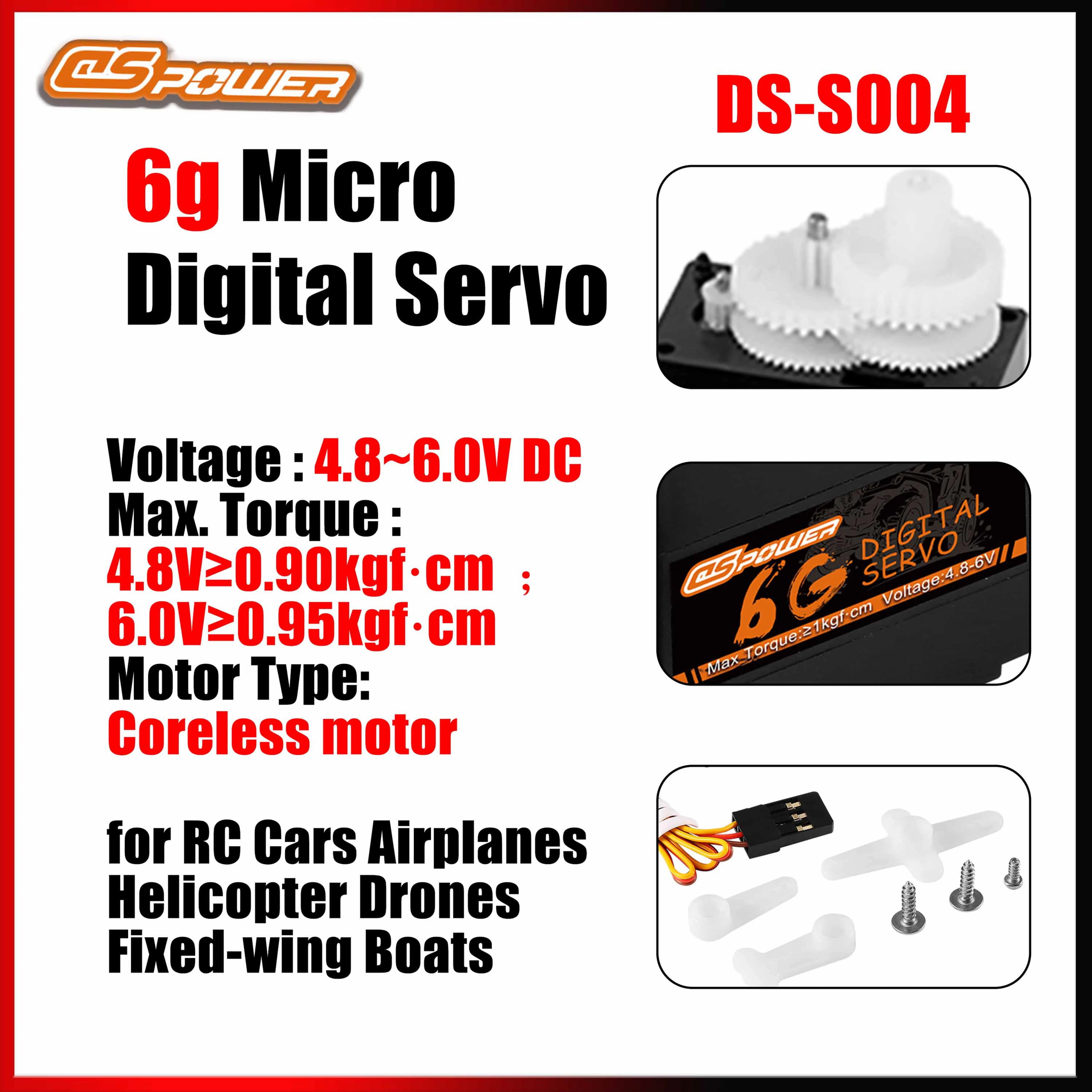 DSPOWER 6g Coreless Motor Gear Micro Servo digitale per auto RC Aerei Elicottero Droni Barche ad ala fissa Accessori per veicoli