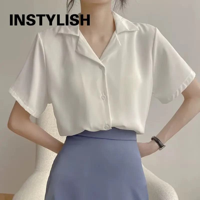 Camicette estive eleganti in Chiffon solido da donna Casual colletto rovesciato camicie larghe a maniche corte tunica femminile coreana Chic Top