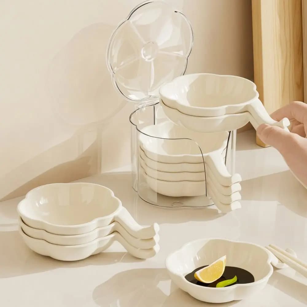 6pcs Stackable Flower Shape Dipping Tray Extended Handle with Storage Box Sauce Serving Bowl Plastic Seasoning Tray