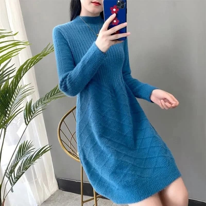 Women's Imitation Mink Velvet Semi-Turtle Neck Sweater Dress Long Loose Knit Bottom Fashion Outerwear for Autumn Winter