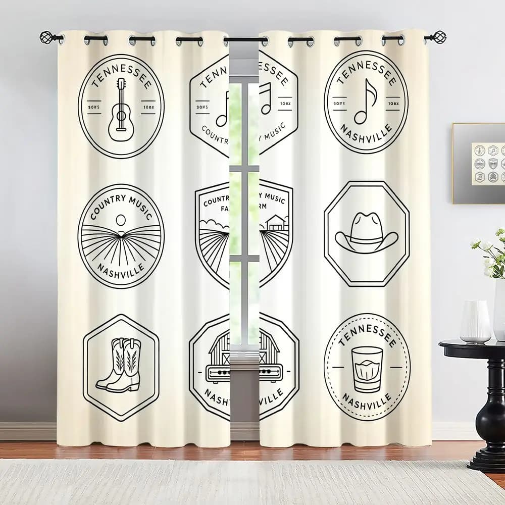 Tennessee Country Music Theme Curtains, Nashville Aesthetic Black and White Line Art Print Drapes, Modern Decorative Curtains