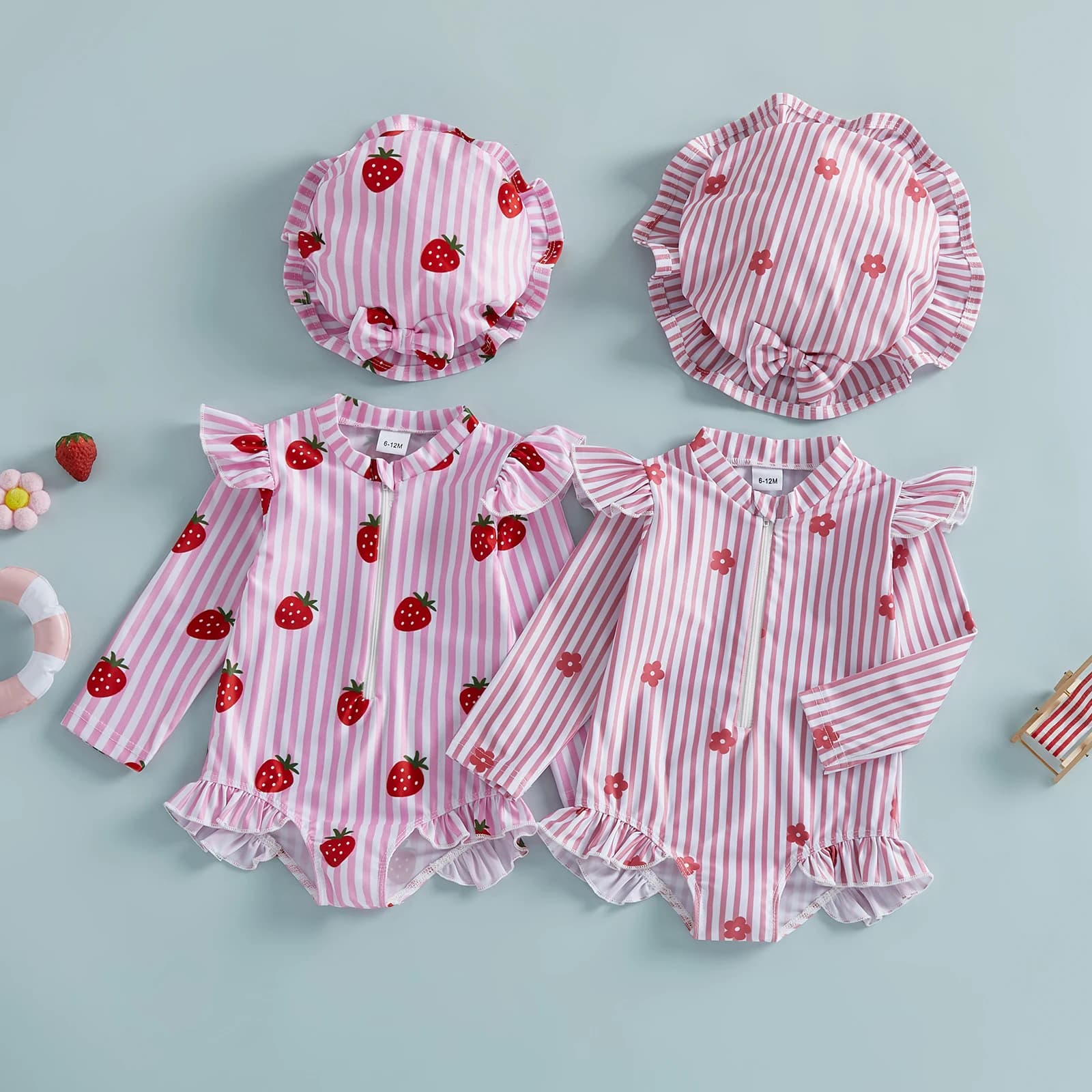 Costume da bagno estivo per bambine e neonate, set con stampa floreale a fragole, maniche lunghe, protezione solare e cappello da mare