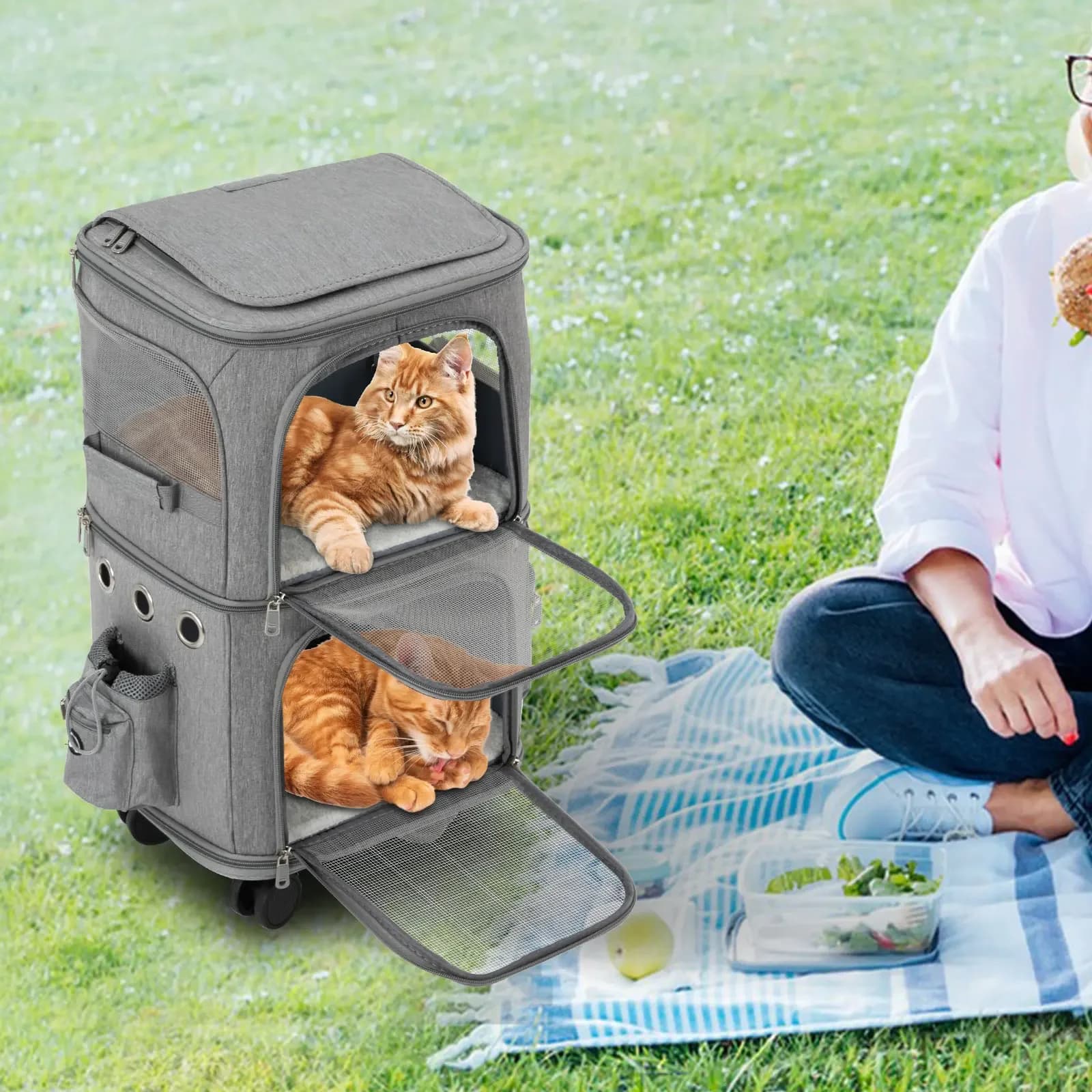 Trasportino per animali domestici grigio a doppio scomparto: tessuto PBT/Oxford, 4 ruote rimovibili + asta da 18,11 pollici, carico di 2205 libbre, pieghevole per i viaggi