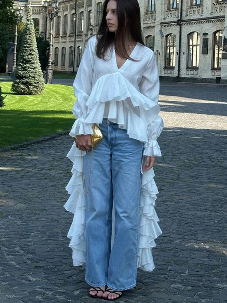 Mueyaruho Donna 2025 Estate Autunno Elegante camicia con volant scollo a V manica lunga camicetta bianca tinta unita per donna