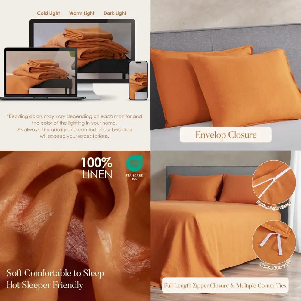 King size linen cover set: natural French linen, angle bands and zipper, breathable, ideal for hot nails (dawn)