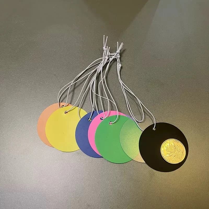 100 pezzi di etichette circolari in PVC colorato da 3 cm, impermeabili, vuote, con corda elastica, per cartellini di prezzo.