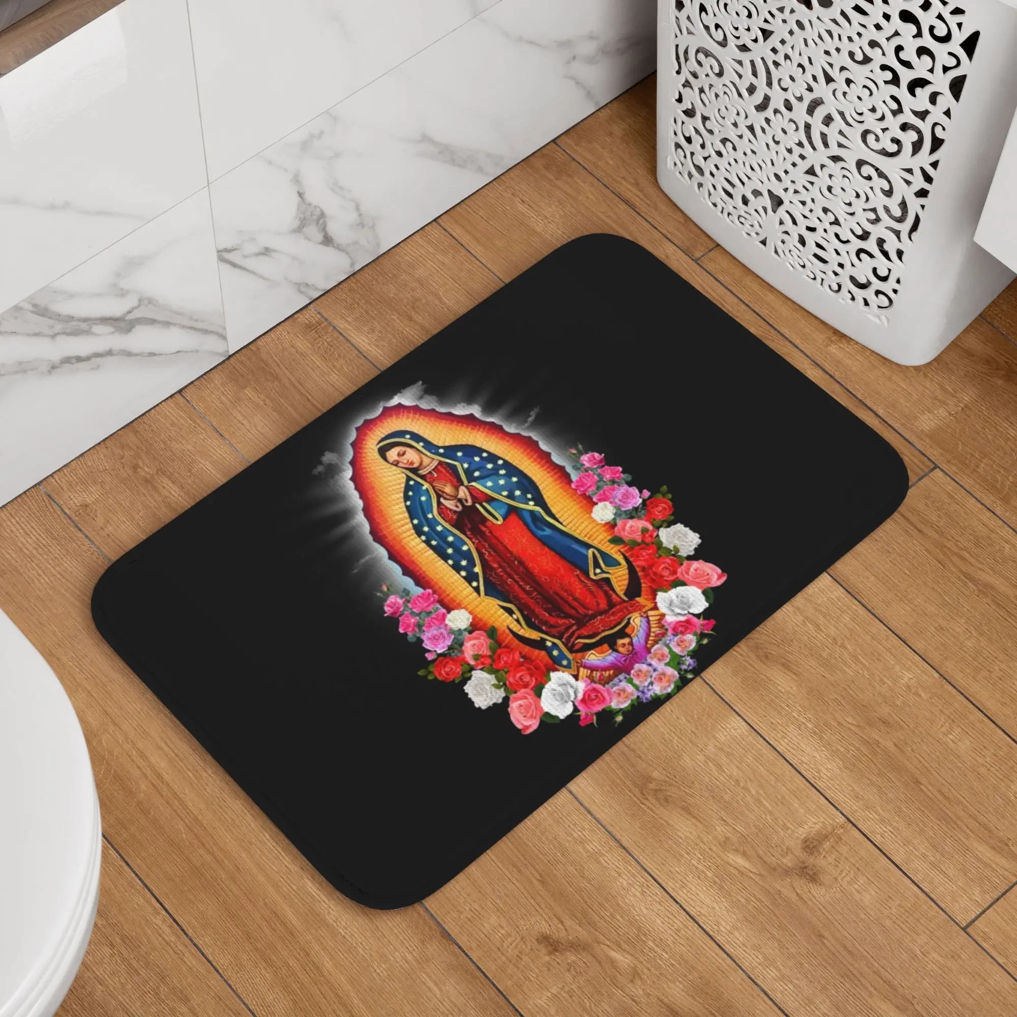 Interior entrance hall with image of the Virgin Mary of Guadalupe, kitchen mat, bathroom, bedroom, Mexican Catholic style