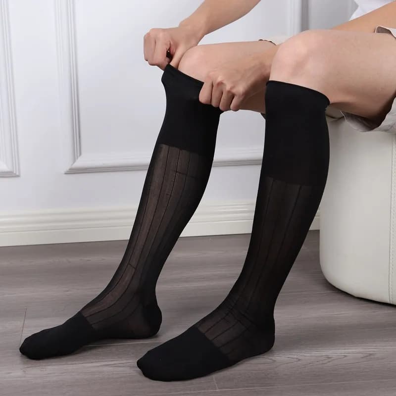 Men Tube Socks Formal Sexy Sheer Suit Stockings Business Silky Erotic Dress Sock Transparent Stripe Casual Socks Summer