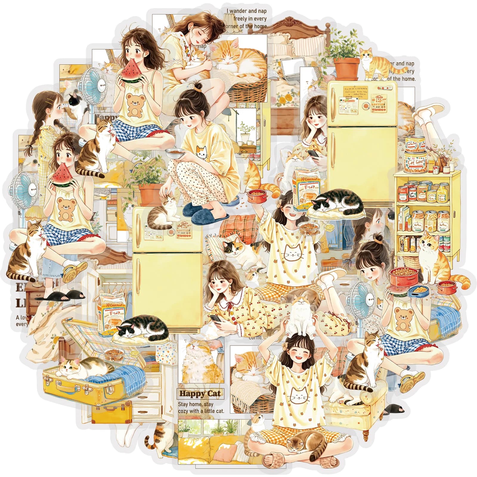 Etori Life warm-toned homegirl-themed PET stickers with cute cat patterns are suitable for laptops, mobile phones, handbags, water bottles, photo albums, guitars, skateboards, card making, scrapbooking supplies, room decoration, artistic aesthetics, cycling decals, gifts for friends, children's stickers, and Korean toys